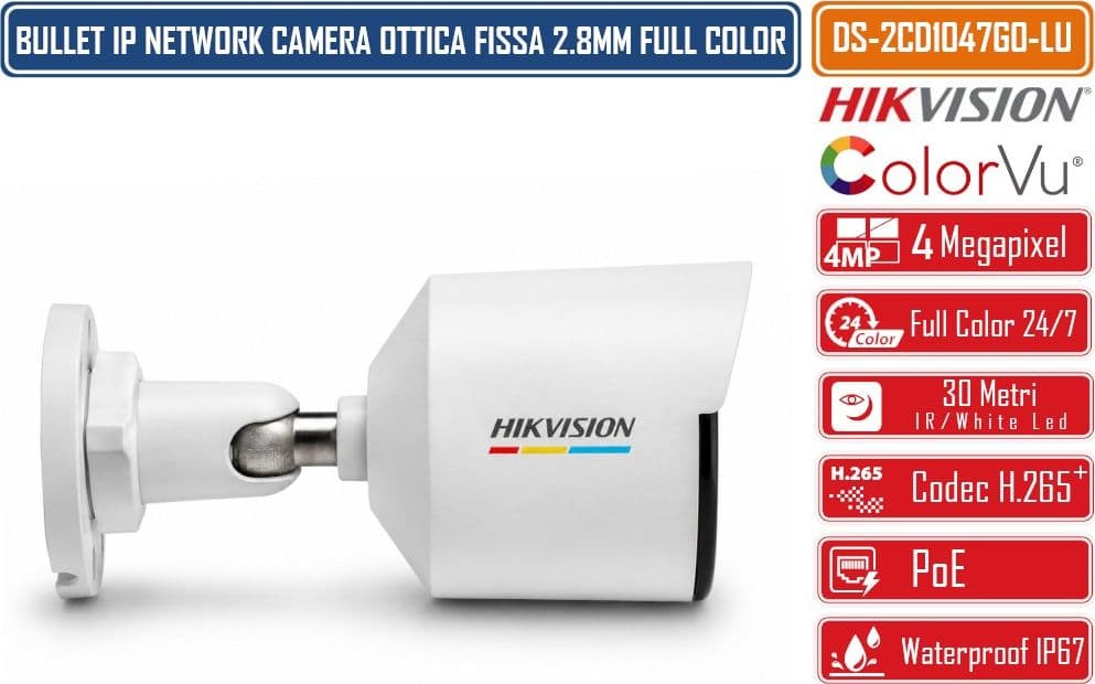 HIKVISION DS-2CD1047G0-LU TELECAMERA IP BULLET 4MP COLORVU 24/7 OTTICA 2.8 MM WDR 120DB H.265+ POE IP67 LUCE BIANCA FINO A 30 M - 4