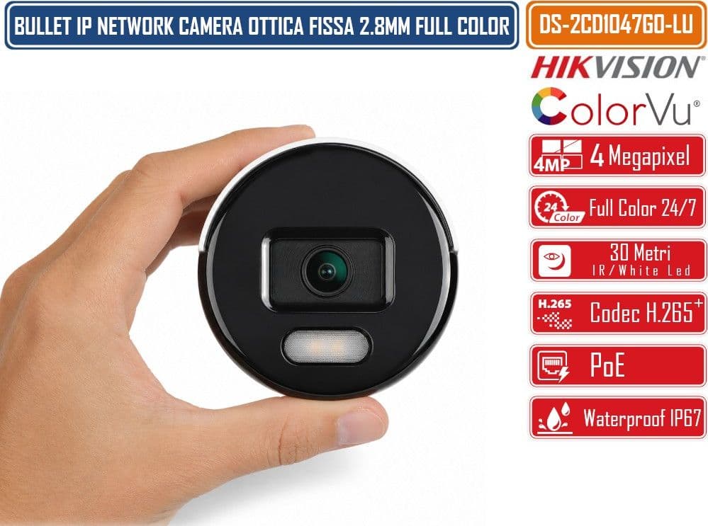HIKVISION DS-2CD1047G0-LU TELECAMERA IP BULLET 4MP COLORVU 24/7 OTTICA 2.8 MM WDR 120DB H.265+ POE IP67 LUCE BIANCA FINO A 30 M - 5