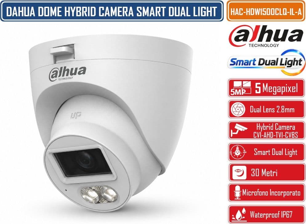 DAHUA HAC-HDW1500CLQ-IL-A TELECAMERA HDCVI EYEBALL 5MP SMART DUAL LIGHT IR + LUCE BIANCA 30M MICROFONO INTEGRATO OTTICA FISSA IP67 - 2