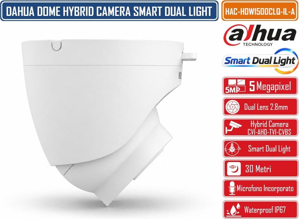 DAHUA HAC-HDW1500CLQ-IL-A TELECAMERA HDCVI EYEBALL 5MP SMART DUAL LIGHT IR + LUCE BIANCA 30M MICROFONO INTEGRATO OTTICA FISSA IP67 - 3