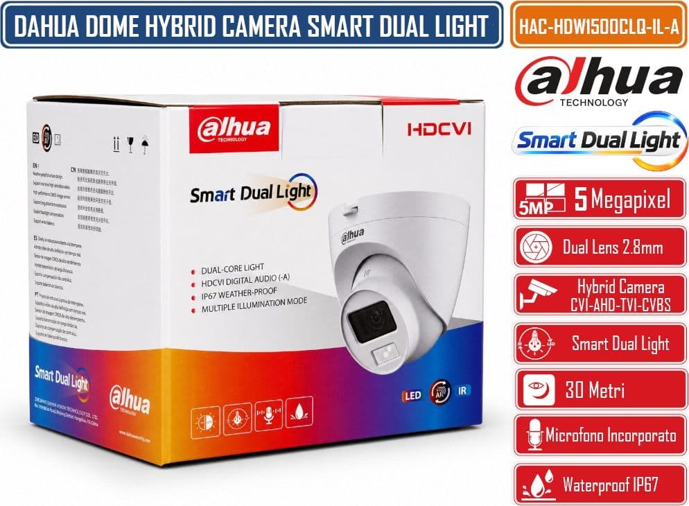 DAHUA HAC-HDW1500CLQ-IL-A TELECAMERA HDCVI EYEBALL 5MP SMART DUAL LIGHT IR + LUCE BIANCA 30M MICROFONO INTEGRATO OTTICA FISSA IP67 - 4