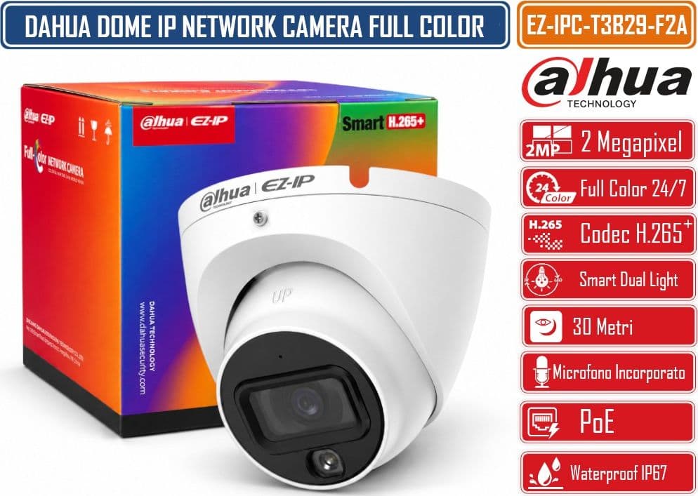 DAHUA EZ-IPC-T3B29-F2A TELECAMERA IP EYEBALL FULL-COLOR 2MP FULL HD 1080P OTTICA FISSA 2,8MM LUCE CALDA 30M MICROFONO INTEGRATO POE H.265+ IP67