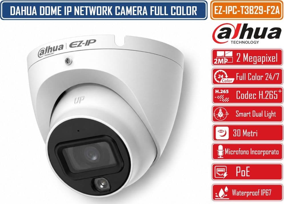 DAHUA EZ-IPC-T3B29-F2A TELECAMERA IP EYEBALL FULL-COLOR 2MP FULL HD 1080P OTTICA FISSA 2,8MM LUCE CALDA 30M MICROFONO INTEGRATO POE H.265+ IP67 - 2