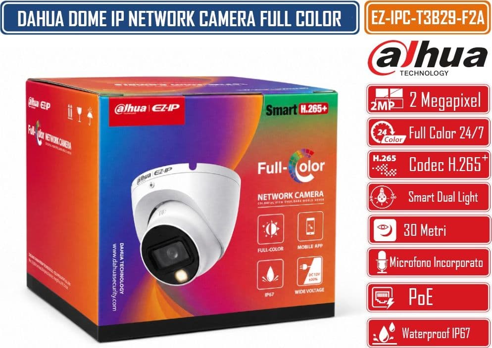 DAHUA EZ-IPC-T3B29-F2A TELECAMERA IP EYEBALL FULL-COLOR 2MP FULL HD 1080P OTTICA FISSA 2,8MM LUCE CALDA 30M MICROFONO INTEGRATO POE H.265+ IP67 - 3