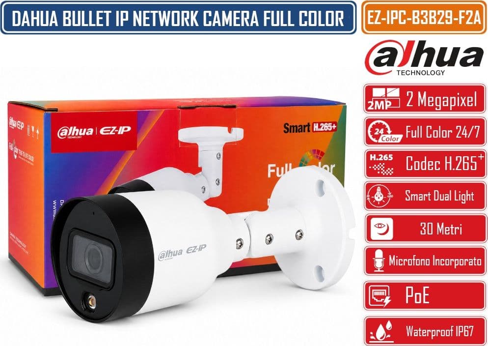 DAHUA EZ-IPC-B3B29-F2A TELECAMERA IP BULLET FULL-COLOR 2MP FULL HD 1080P OBIETTIVO FISSO 2.8MM MICROFONO INTEGRATO LUCE CALDA 30M POE 12V SMART H.265+ IP67