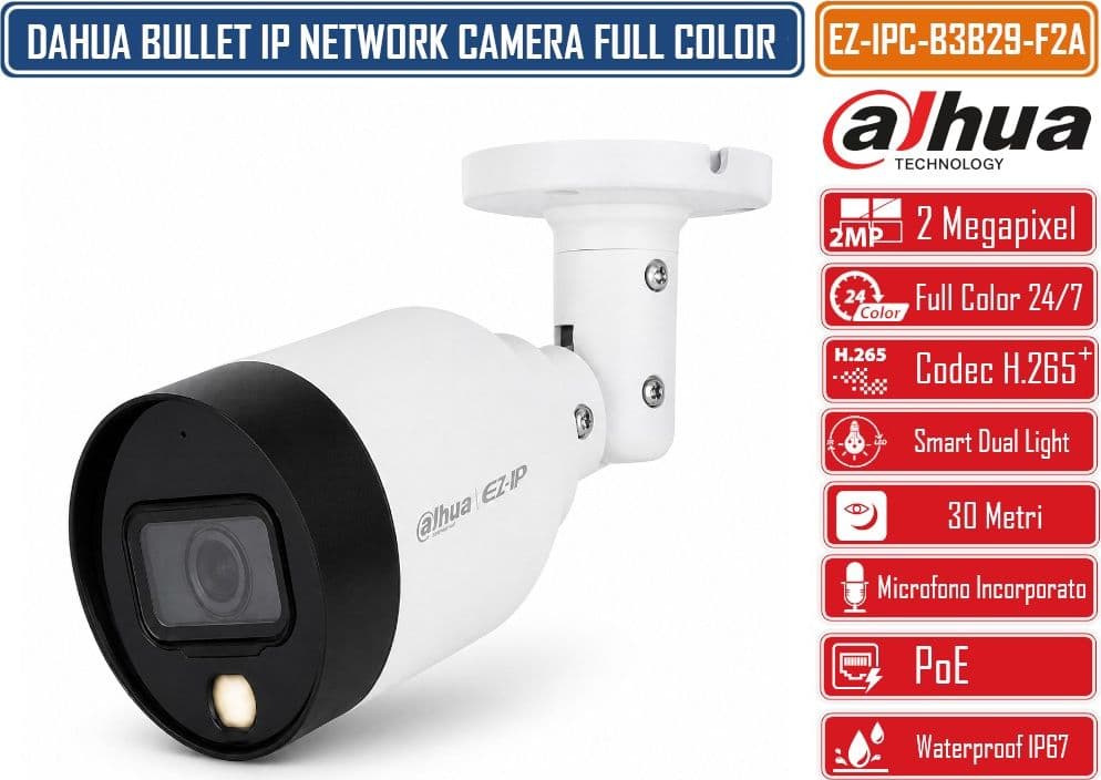 DAHUA EZ-IPC-B3B29-F2A TELECAMERA IP BULLET FULL-COLOR 2MP FULL HD 1080P OBIETTIVO FISSO 2.8MM MICROFONO INTEGRATO LUCE CALDA 30M POE 12V SMART H.265+ IP67 - 2