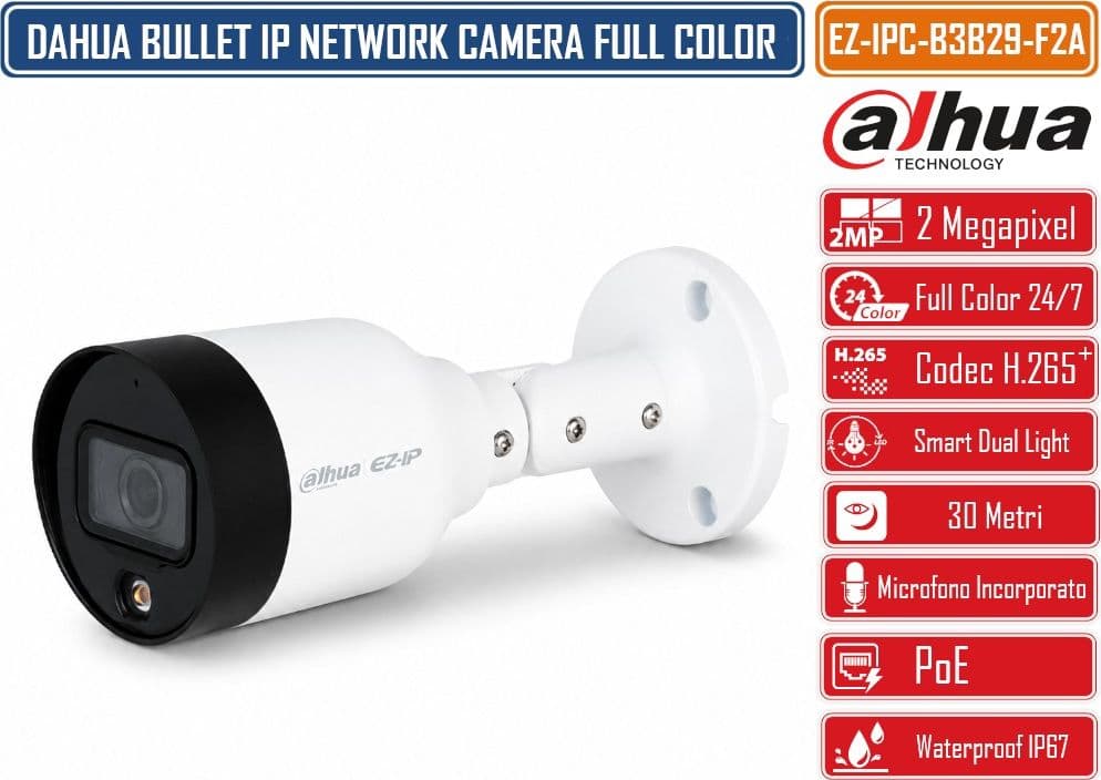 DAHUA EZ-IPC-B3B29-F2A TELECAMERA IP BULLET FULL-COLOR 2MP FULL HD 1080P OBIETTIVO FISSO 2.8MM MICROFONO INTEGRATO LUCE CALDA 30M POE 12V SMART H.265+ IP67 - 3