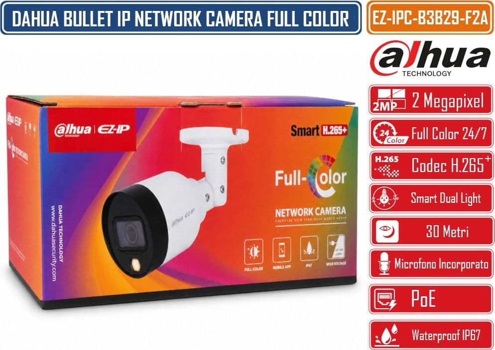 DAHUA EZ-IPC-B3B29-F2A TELECAMERA IP BULLET FULL-COLOR 2MP FULL HD 1080P OBIETTIVO FISSO 2.8MM MICROFONO INTEGRATO LUCE CALDA 30M POE 12V SMART H.265+ IP67 - 4