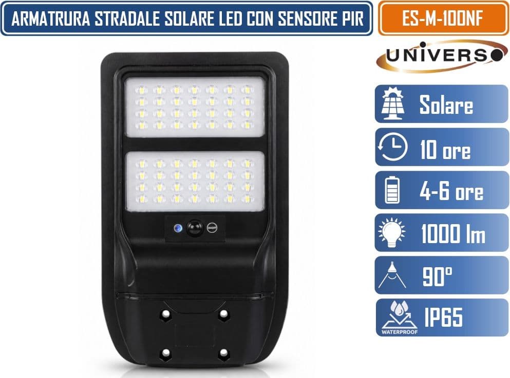 UNIVERSO ES-M-100NF LAMPIONE SOLARE LED 1000 LUMEN DA ESTERNO CON SENSORE DI MOVIMENTO PIR TLECOMANDO TIMER IP65 - 2
