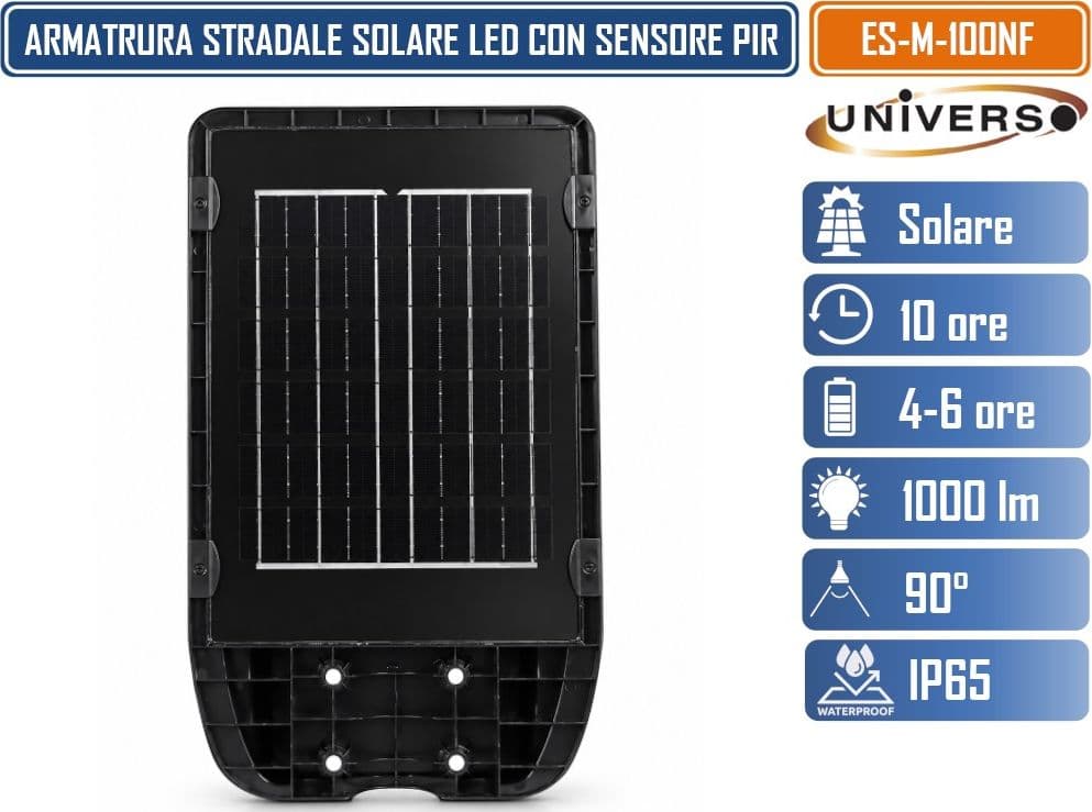 UNIVERSO ES-M-100NF LAMPIONE SOLARE LED 1000 LUMEN DA ESTERNO CON SENSORE DI MOVIMENTO PIR TLECOMANDO TIMER IP65 - 3
