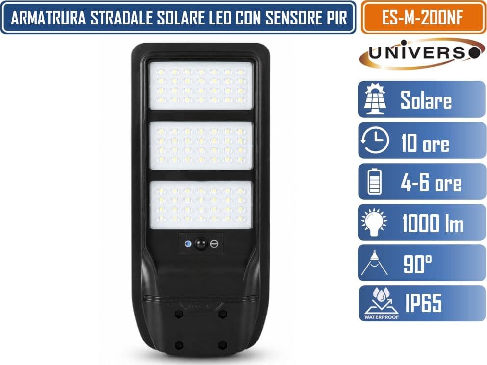 UNIVERSO ES-M-200NF LAMPIONE SOLARE LED 2000 LUMEN DA ESTERNO CON SENSORE DI MOVIMENTO PIR TLECOMANDO TIMER IP65 - 2