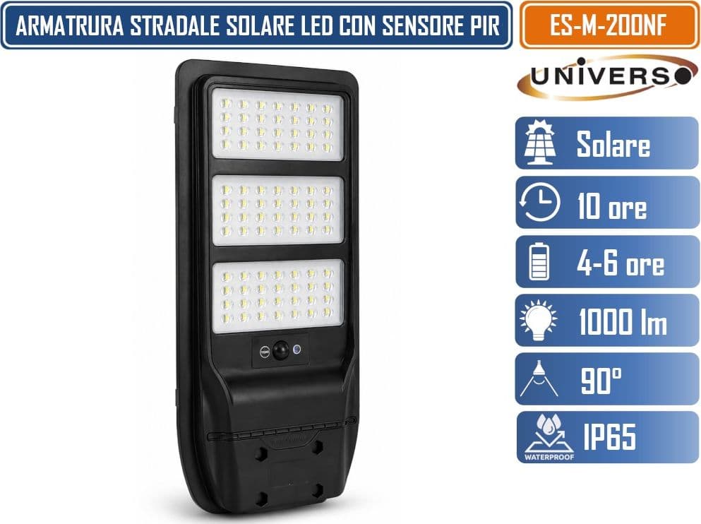 UNIVERSO ES-M-200NF LAMPIONE SOLARE LED 2000 LUMEN DA ESTERNO CON SENSORE DI MOVIMENTO PIR TLECOMANDO TIMER IP65 - 4