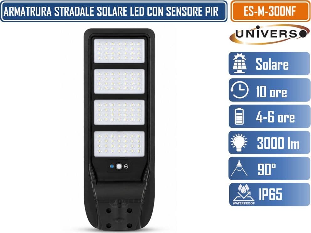 UNIVERSO ES-M-300NF LAMPIONE SOLARE LED 3000 LUMEN DA ESTERNO CON SENSORE DI MOVIMENTO PIR TLECOMANDO TIMER IP65 - 2
