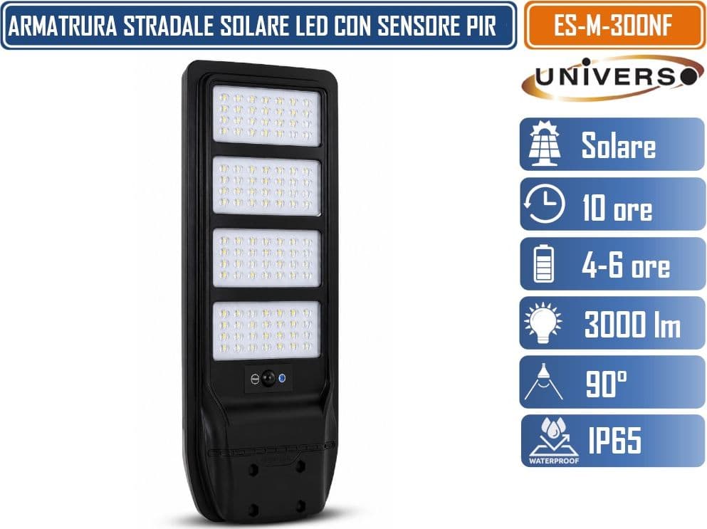 UNIVERSO ES-M-300NF LAMPIONE SOLARE LED 3000 LUMEN DA ESTERNO CON SENSORE DI MOVIMENTO PIR TLECOMANDO TIMER IP65 - 4
