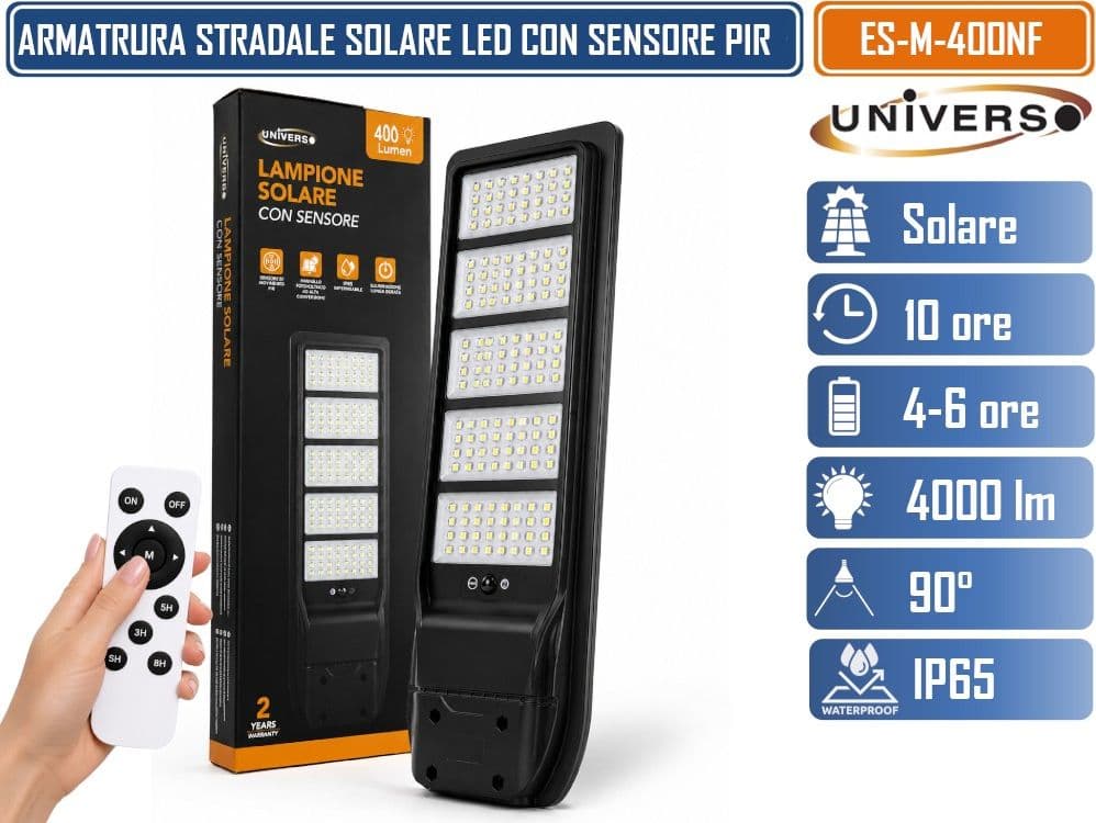 UNIVERSO ES-M-400NF LAMPIONE SOLARE LED 4000 LUMEN DA ESTERNO CON SENSORE DI MOVIMENTO PIR TLECOMANDO TIMER IP65