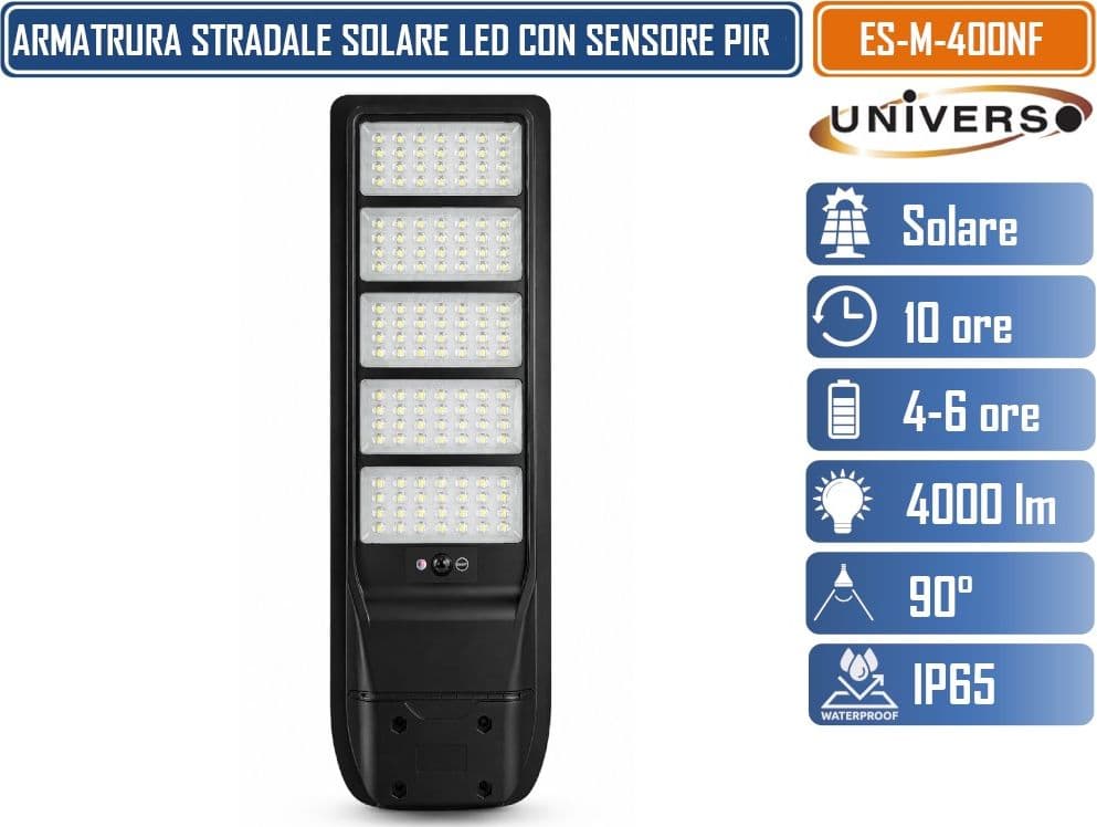 UNIVERSO ES-M-400NF LAMPIONE SOLARE LED 4000 LUMEN DA ESTERNO CON SENSORE DI MOVIMENTO PIR TLECOMANDO TIMER IP65 - 2