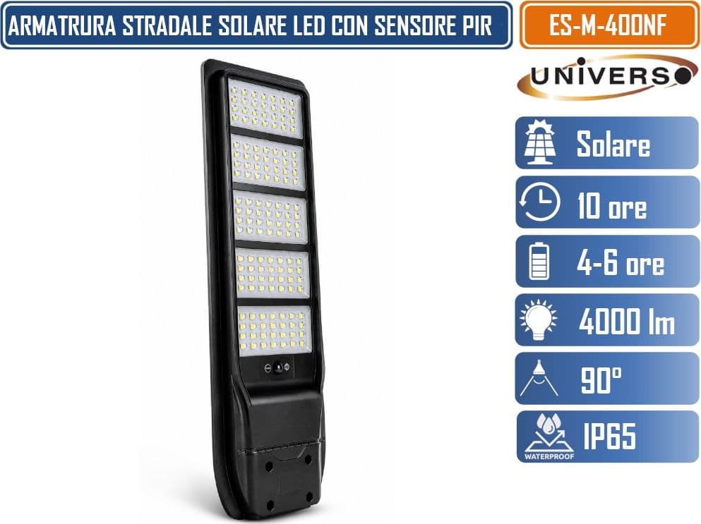 UNIVERSO ES-M-400NF LAMPIONE SOLARE LED 4000 LUMEN DA ESTERNO CON SENSORE DI MOVIMENTO PIR TLECOMANDO TIMER IP65 - 3