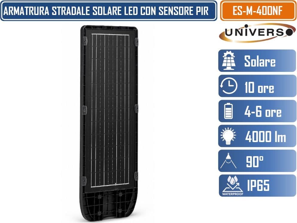 UNIVERSO ES-M-400NF LAMPIONE SOLARE LED 4000 LUMEN DA ESTERNO CON SENSORE DI MOVIMENTO PIR TLECOMANDO TIMER IP65 - 4