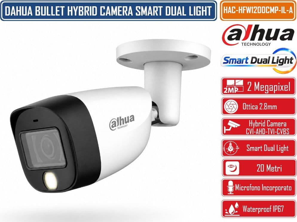 DAHUA HAC-HFW1200CMP-IL-A TELECAMERA BULLET HDCVI 2MP FULL HD 1080P SMART DUAL LIGHT IR + LUCE BIANCA 20M MICROFONO INTEGRATO OTTICA FISSA 2.8/3.6MM 4IN1 CVI TVI AHD CVBS IP67 - 2