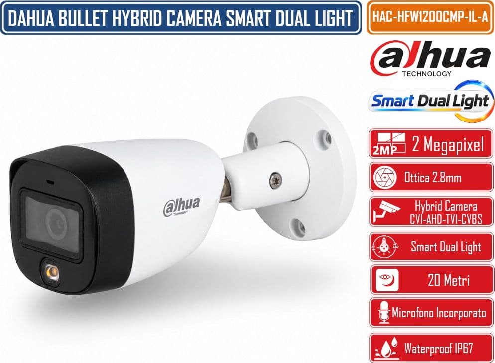 DAHUA HAC-HFW1200CMP-IL-A TELECAMERA BULLET HDCVI 2MP FULL HD 1080P SMART DUAL LIGHT IR + LUCE BIANCA 20M MICROFONO INTEGRATO OTTICA FISSA 2.8/3.6MM 4IN1 CVI TVI AHD CVBS IP67 - 3