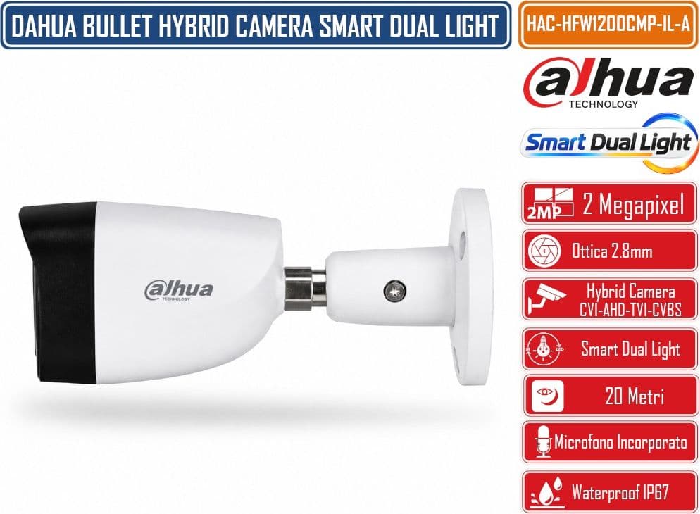 DAHUA HAC-HFW1200CMP-IL-A TELECAMERA BULLET HDCVI 2MP FULL HD 1080P SMART DUAL LIGHT IR + LUCE BIANCA 20M MICROFONO INTEGRATO OTTICA FISSA 2.8/3.6MM 4IN1 CVI TVI AHD CVBS IP67 - 4