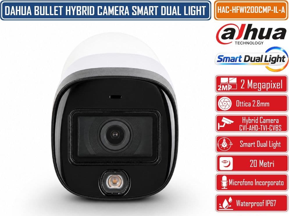 DAHUA HAC-HFW1200CMP-IL-A TELECAMERA BULLET HDCVI 2MP FULL HD 1080P SMART DUAL LIGHT IR + LUCE BIANCA 20M MICROFONO INTEGRATO OTTICA FISSA 2.8/3.6MM 4IN1 CVI TVI AHD CVBS IP67 - 5