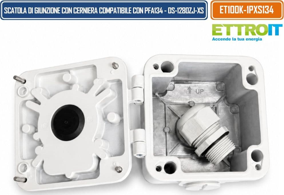 ETTROIT ET100K-1PXS134 SCATOLA DI GIUNZIONE CON CERNIERA PER TELECAMERE COMPATIBILE CON DAHUA PFA134 E HIKVISION DS-1280ZJ-XS CON PIASTRA MULTIFORO E PASSACAVO CENTRALE - 2