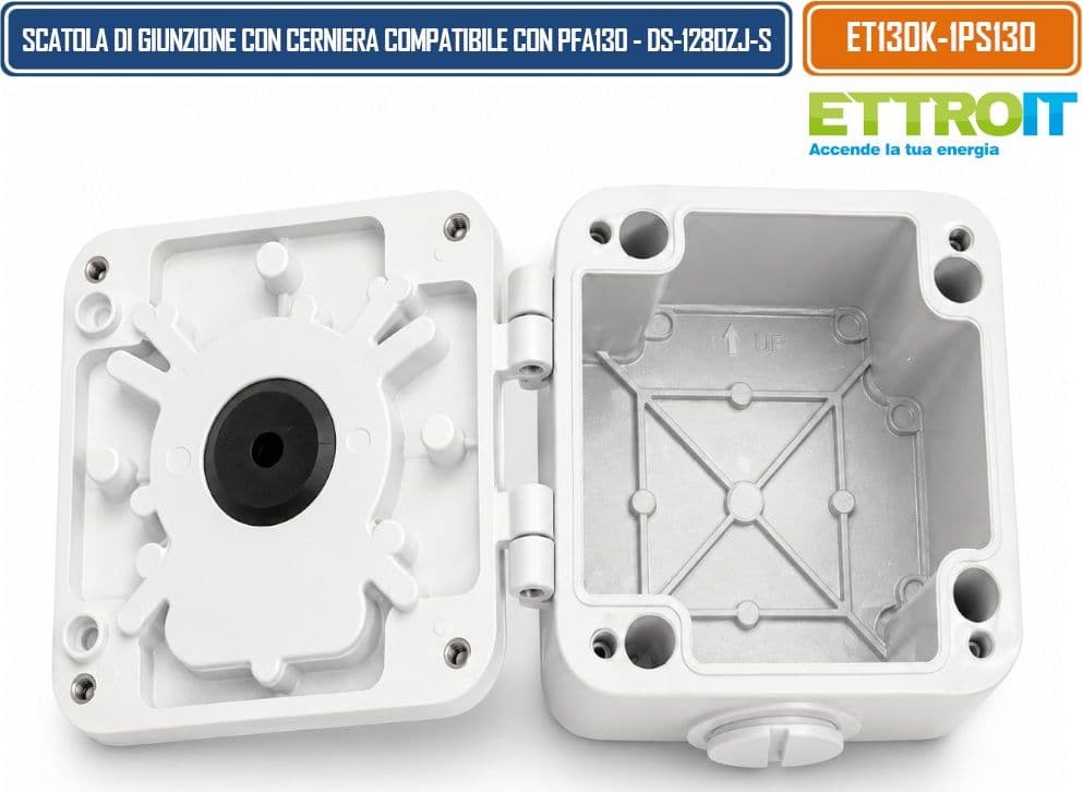 ETTROIT ET130K-1PS130 SCATOLA DI GIUNZIONE PREFORATA CON CERNIERA PER TELECAMERE COMPATIBILE CON DAHUA PFA130-E E HIKVISION DS-1280ZJ-S CON PIASTRA MULTIPREFORATA E VANO MAGGIORATO - 2