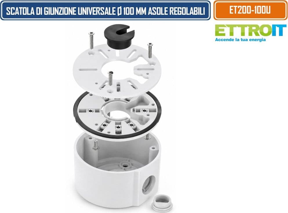 ETTROIT ET200-100U SCATOLA DI GIUNZIONE UNIVERSALE IMPERMEABILE Ø100 MM IN LEGA DI ALLUMINIO CON ASOLE RADIALI REGOLABILI PER TELECAMERE 3/4 PUNTI DI FISSAGGIO - 5