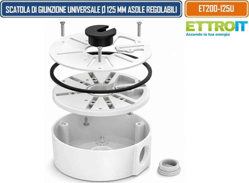 ETTROIT ET200-125U SCATOLA DI GIUNZIONE UNIVERSALE IMPERMEABILE Ø125 MM IN LEGA DI ALLUMINIO CON ASOLE RADIALI REGOLABILI PER TELECAMERE 3/4 PUNTI DI FISSAGGIO - 5