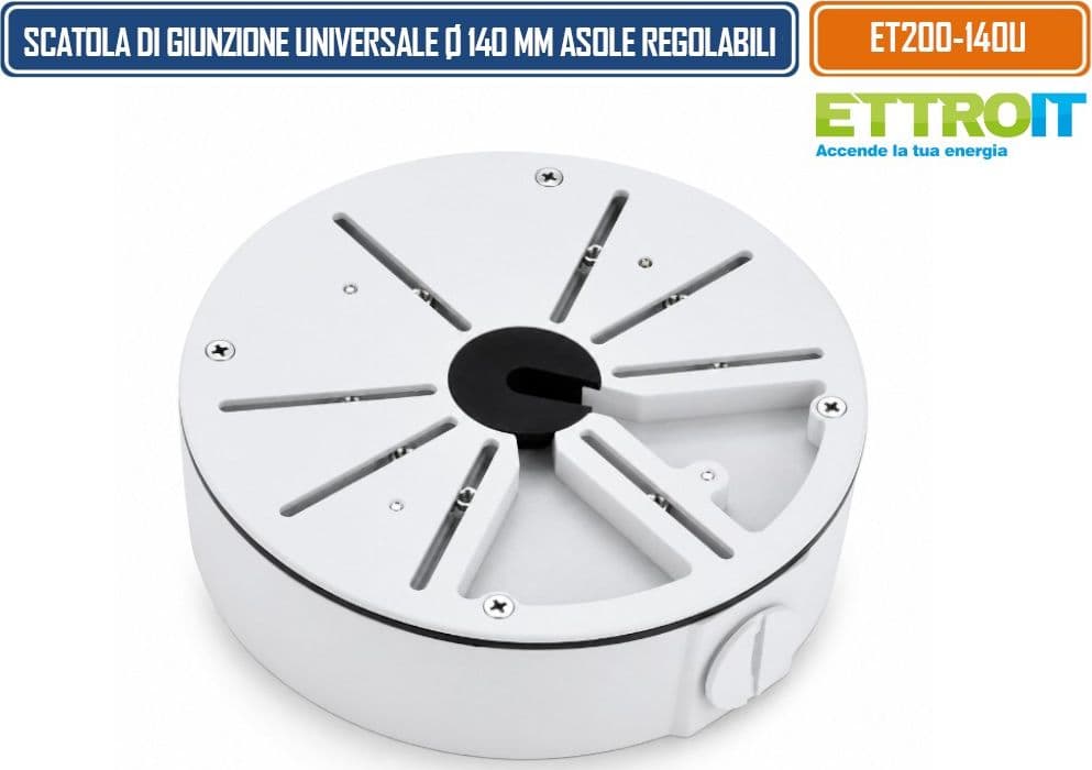 ETTROIT ET200-140U SCATOLA DI GIUNZIONE UNIVERSALE IMPERMEABILE Ø140 MM IN LEGA DI ALLUMINIO CON ASOLE RADIALI REGOLABILI PER TELECAMERE 3/4 PUNTI DI FISSAGGIO - 2