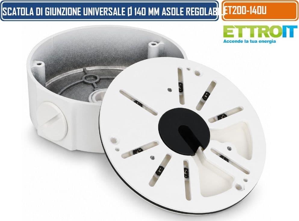 ETTROIT ET200-140U SCATOLA DI GIUNZIONE UNIVERSALE IMPERMEABILE Ø140 MM IN LEGA DI ALLUMINIO CON ASOLE RADIALI REGOLABILI PER TELECAMERE 3/4 PUNTI DI FISSAGGIO - 5