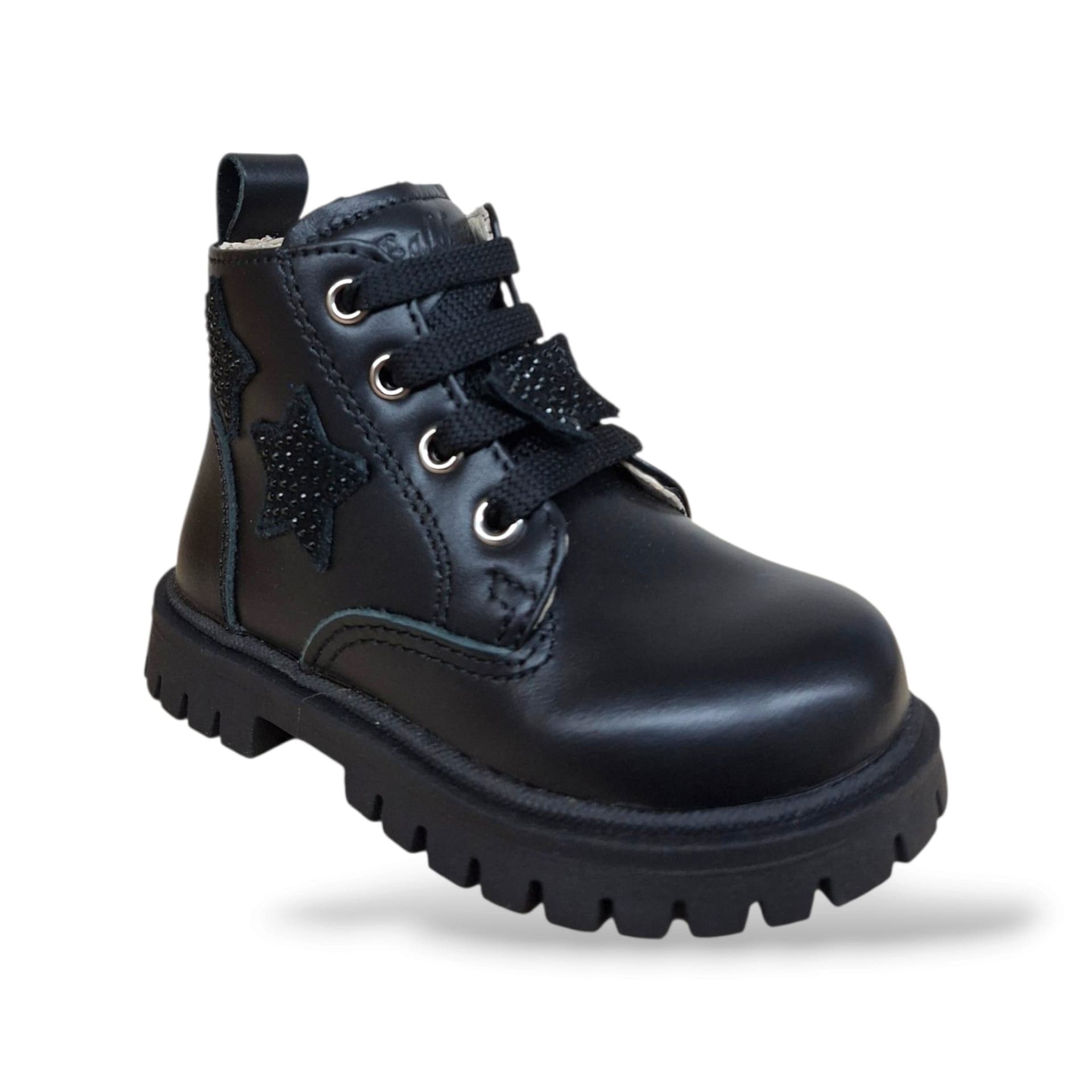 Balducci Cita MATR2732 Anfibio Primi Passi Bambina Nero | Pelle Stelle Glitter Zip Laterale Lacci Artigianale Italiano Premium | Taglie 20-26 | Scarpetteria Gica - 2