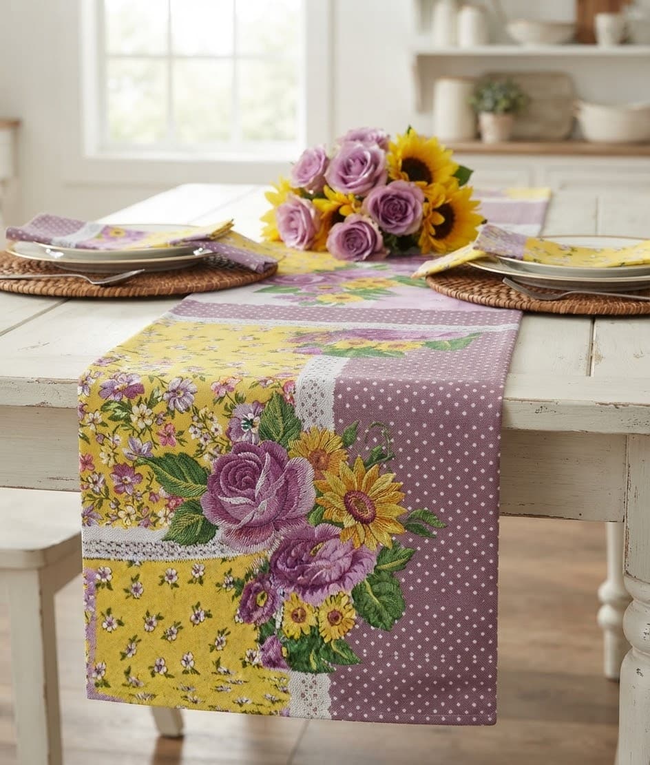 Runner Preziosa Home Peonia in Panama Stampata con Bordo e Pizzo - 1