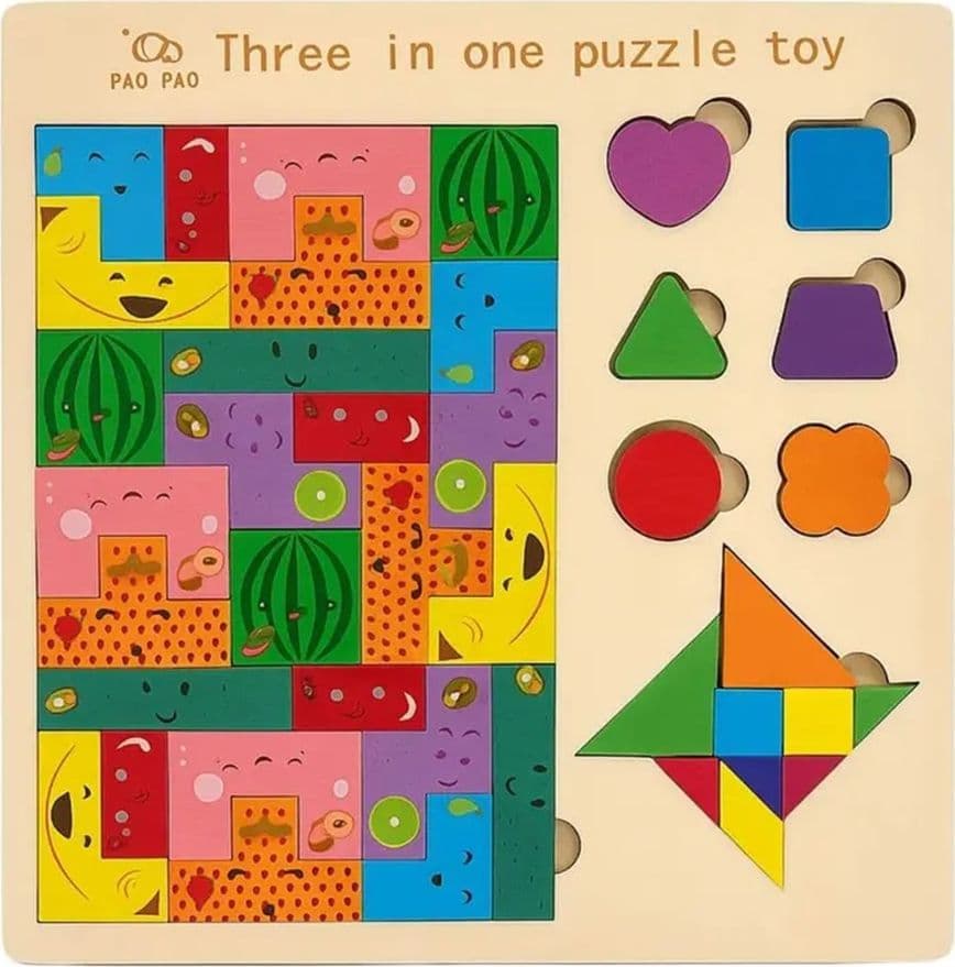 PUZZLE LEGNO 3IN1 BAMBINI GIOCO BLOCCHI INCASTRI FORME TEMA FRUTTA TANGRAM EDUCATIVO 07286