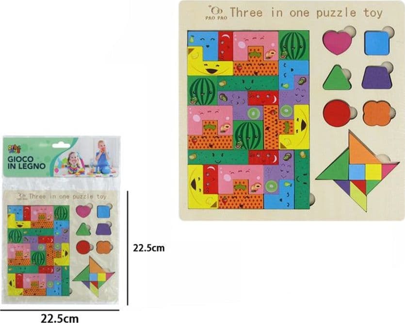 PUZZLE LEGNO 3IN1 BAMBINI GIOCO BLOCCHI INCASTRI FORME TEMA FRUTTA TANGRAM EDUCATIVO 07286 - 2