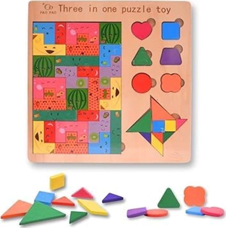 PUZZLE LEGNO 3IN1 BAMBINI GIOCO BLOCCHI INCASTRI FORME TEMA FRUTTA TANGRAM EDUCATIVO 07286 - 3