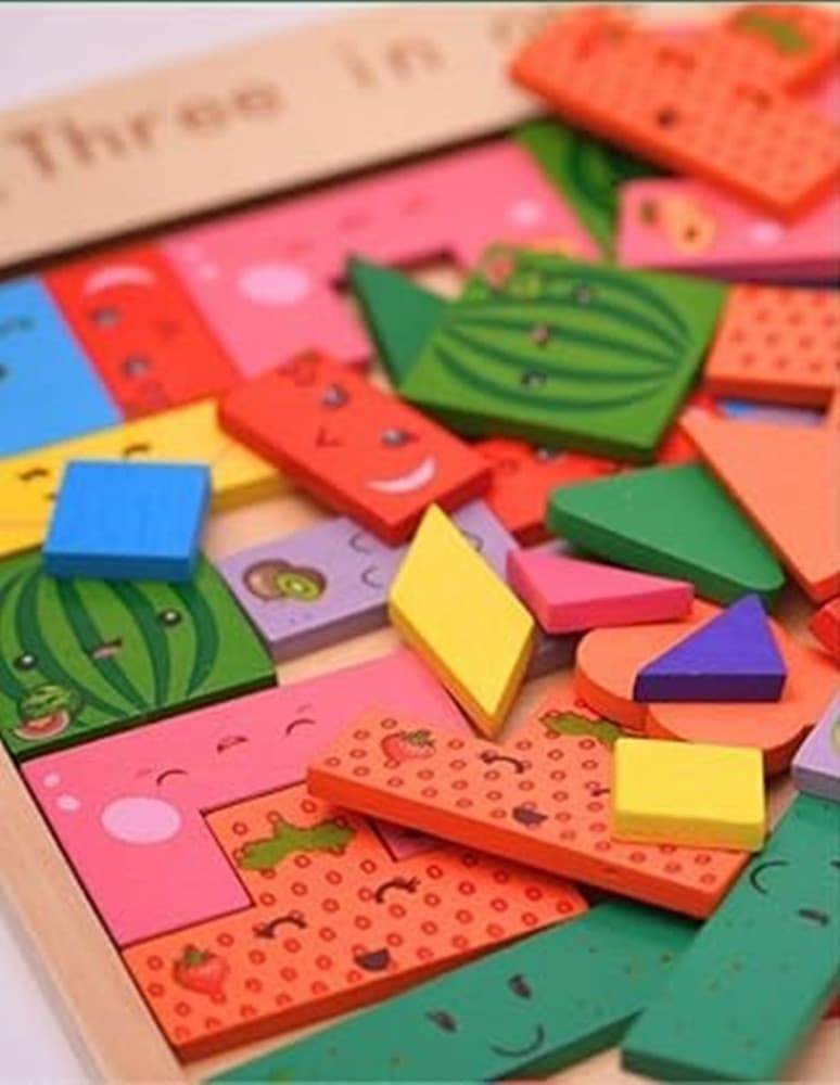 PUZZLE LEGNO 3IN1 BAMBINI GIOCO BLOCCHI INCASTRI FORME TEMA FRUTTA TANGRAM EDUCATIVO 07286 - 4