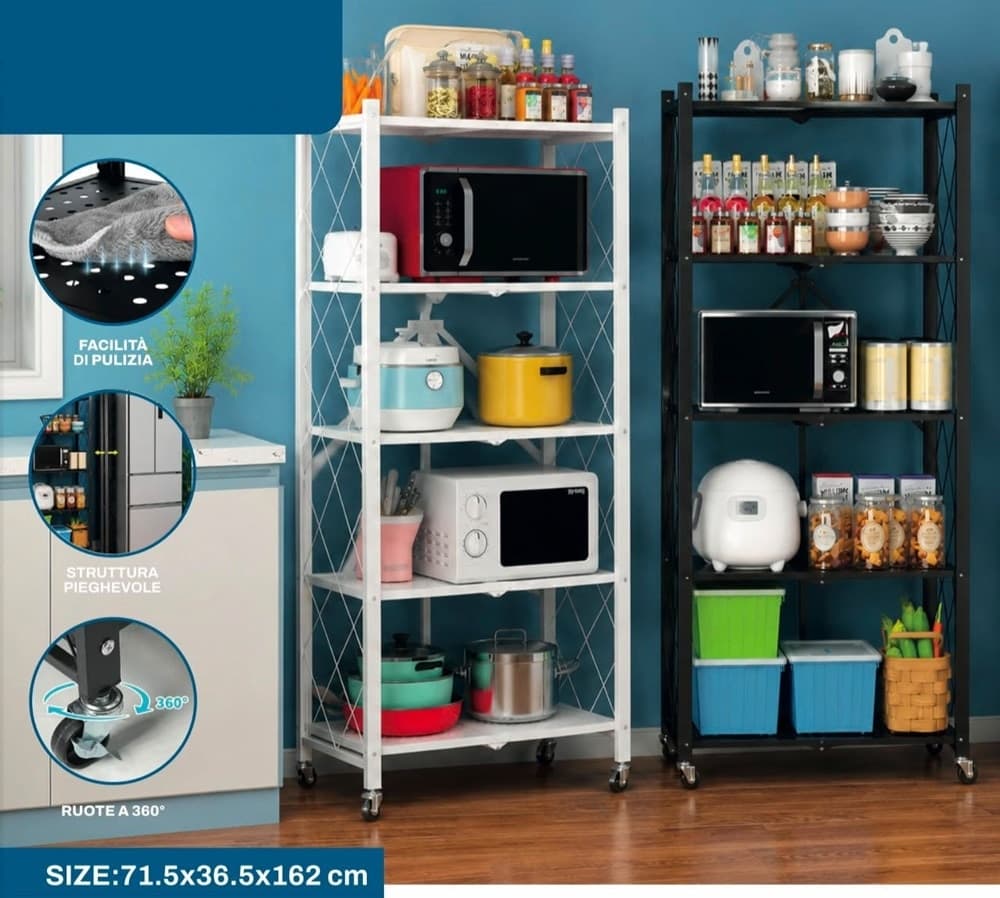 CARRELLO SCAFFALE A 5 RIPIANI PIEGHEVOLE PORTATILE IN METALLO CON RUOTE CUCINA SALVASPAZIO - 2