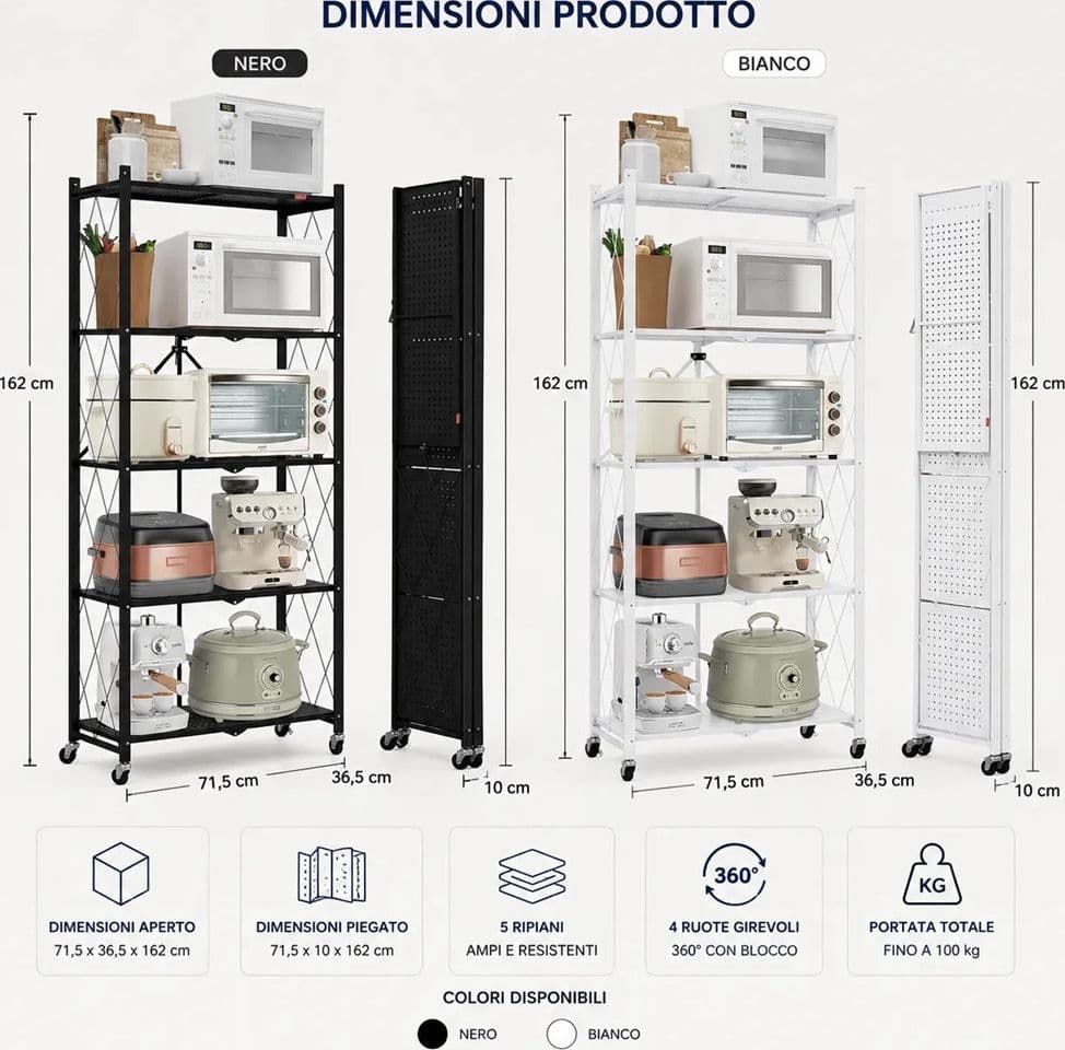 CARRELLO SCAFFALE A 5 RIPIANI PIEGHEVOLE PORTATILE IN METALLO CON RUOTE CUCINA SALVASPAZIO - 13