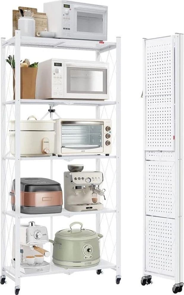CARRELLO SCAFFALE A 5 RIPIANI PIEGHEVOLE PORTATILE IN METALLO CON RUOTE CUCINA SALVASPAZIO - 3