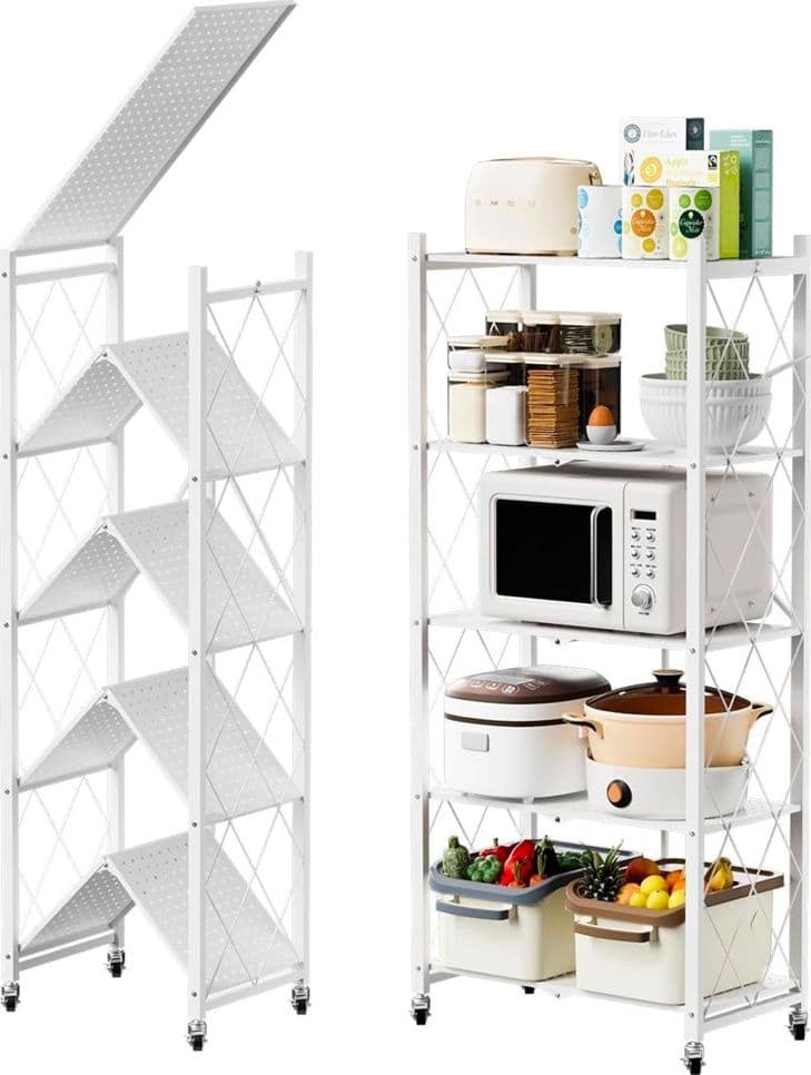 CARRELLO SCAFFALE A 5 RIPIANI PIEGHEVOLE PORTATILE IN METALLO CON RUOTE CUCINA SALVASPAZIO - 4