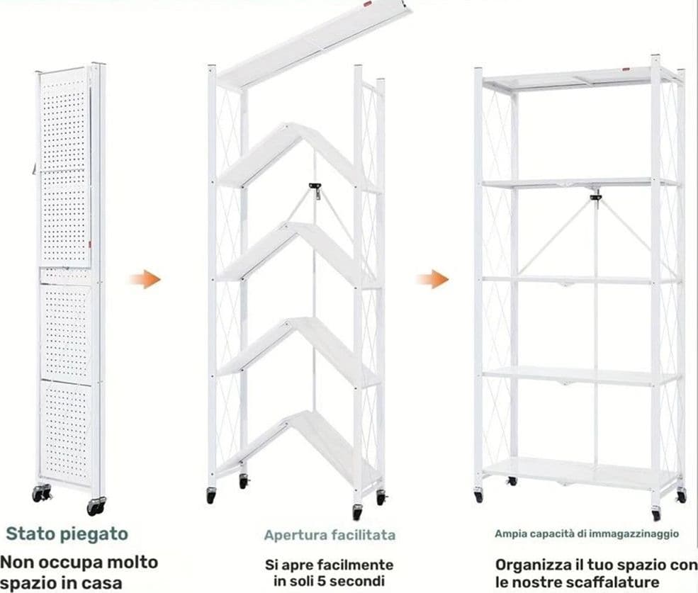 CARRELLO SCAFFALE A 5 RIPIANI PIEGHEVOLE PORTATILE IN METALLO CON RUOTE CUCINA SALVASPAZIO - 6