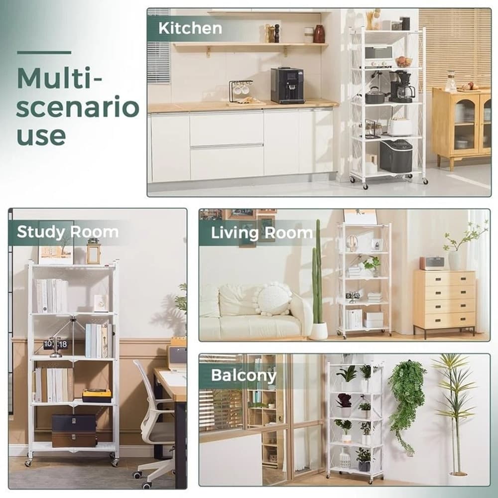 CARRELLO SCAFFALE A 5 RIPIANI PIEGHEVOLE PORTATILE IN METALLO CON RUOTE CUCINA SALVASPAZIO - 8
