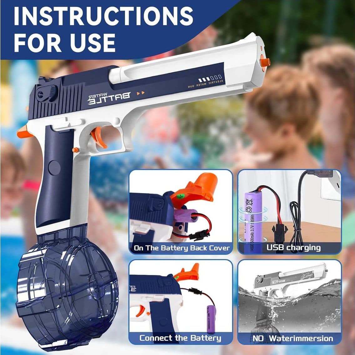 Pistola ad Acqua Elettrica Luminosa per Adulti Bambini Ricaricabili 32 FT Gamma Pistola ad Alto Getto per  Piscina Spiaggia Divertimento - 5