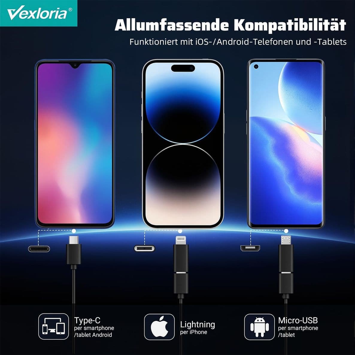 Vexloria Endoscopio per Smartphone Doppia Lente 1920P HD Telecamera Ispezione IP68 Impermeabile con 8 LED Cavo Semirigido Plug and Play per iOS e Android - 2
