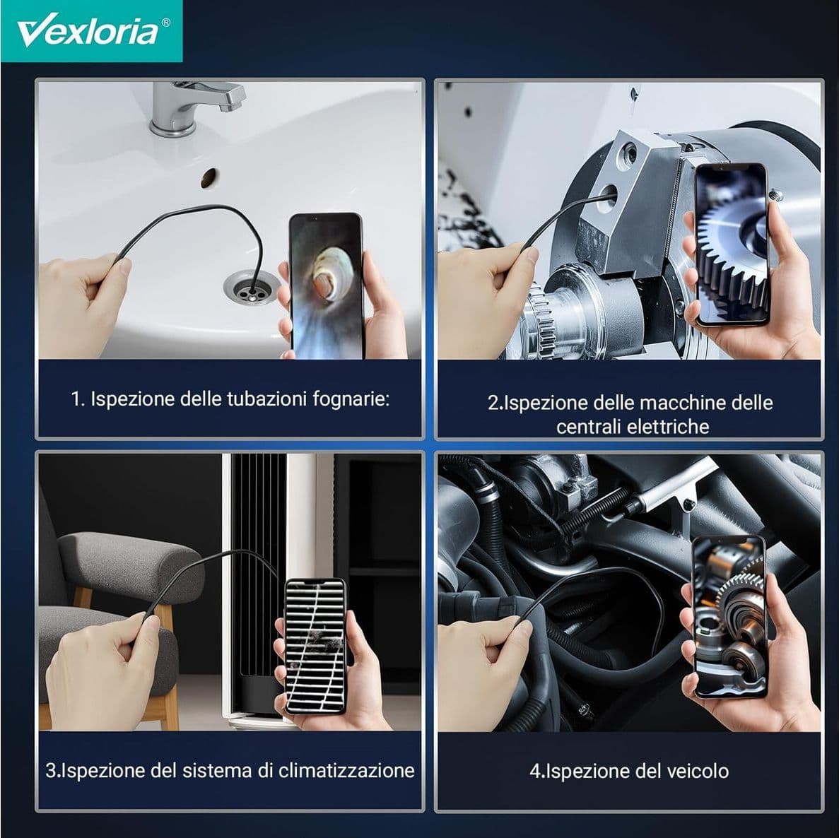 Vexloria Endoscopio per Smartphone Doppia Lente 1920P HD Telecamera Ispezione IP68 Impermeabile con 8 LED Cavo Semirigido Plug and Play per iOS e Android - 4
