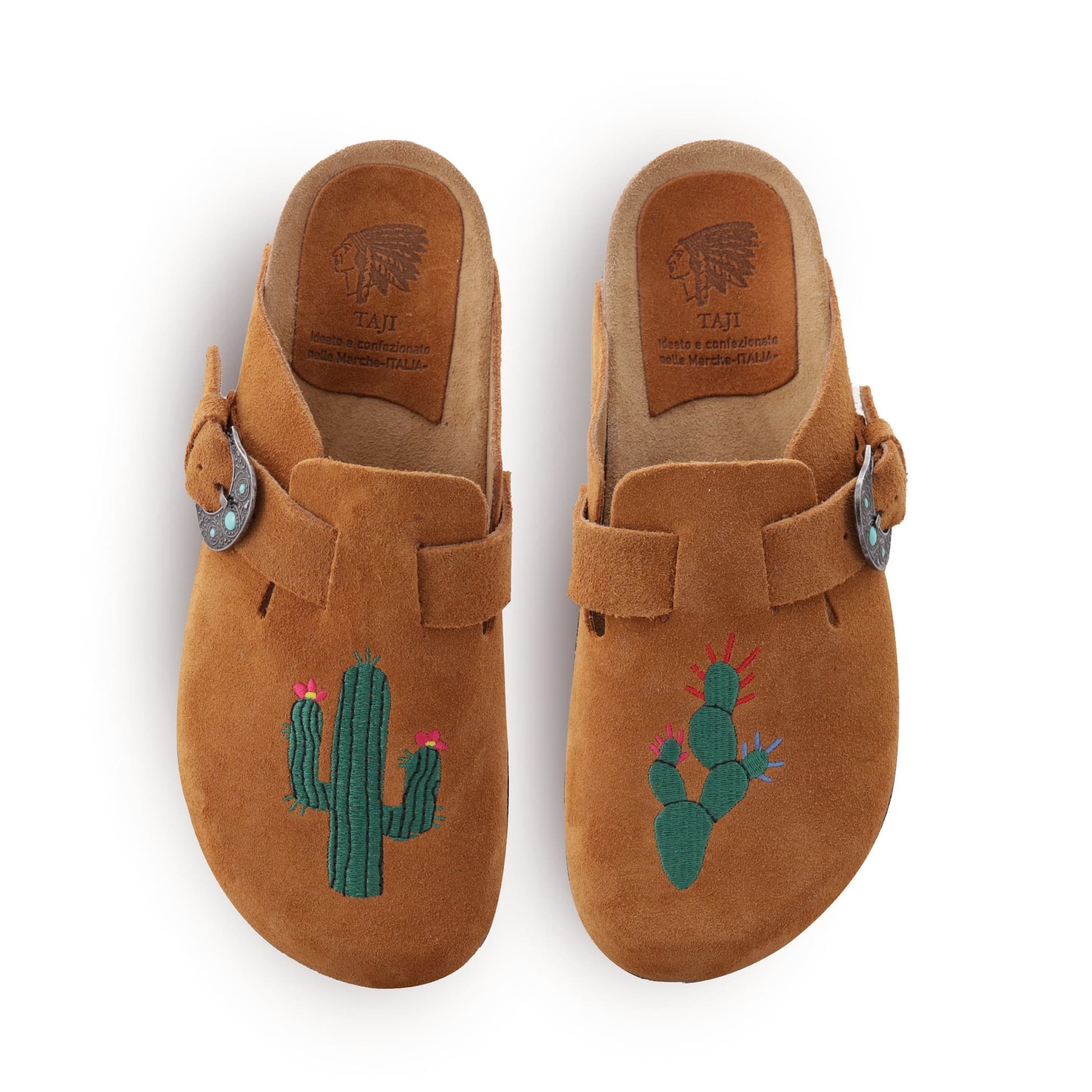 TAJI Taji Sandali Sabot Uomo in Suede Setter con Ricamo Cactus e Pietre Turchesi - 2