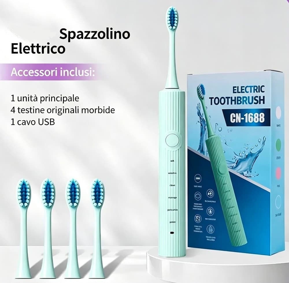 SPAZZOLINO ELETTRICO RICARICABILE 6 MODALITÀ SPAZZOLAMENTO 4 TESTINE IMPERMEABILE CN-1688 - 4