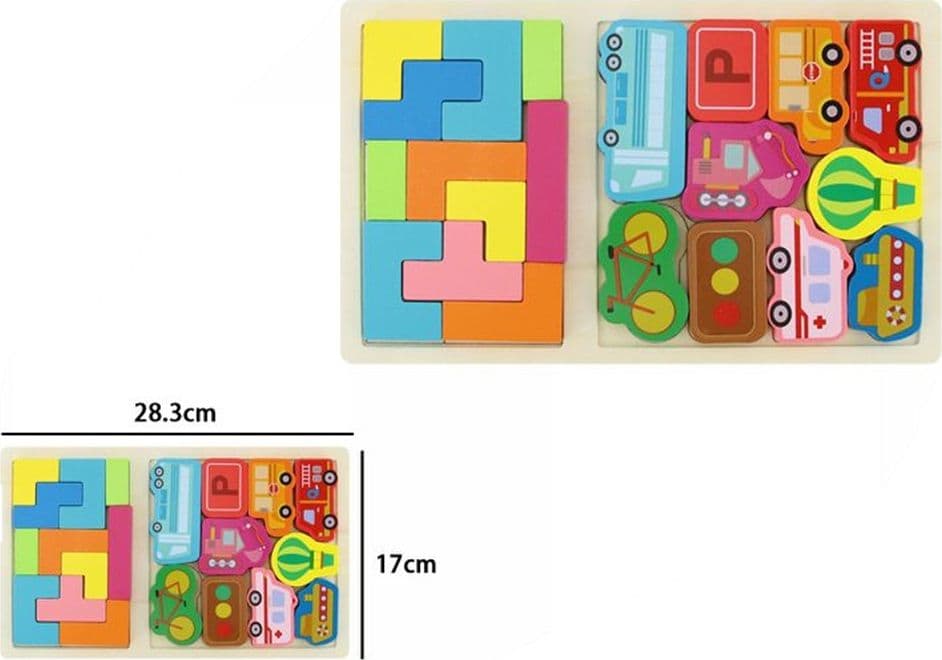 PUZZLE IN LEGNO GIOCATTOLO EDUCATIVO PER BAMBINI 2IN1 DESIGN TETRIS MEZZI TRASPORTO 31572 - 2
